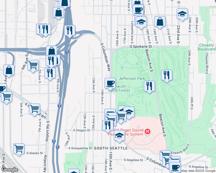 map of restaurants, bars, coffee shops, grocery stores, and more near 3932 14th Avenue South in Seattle