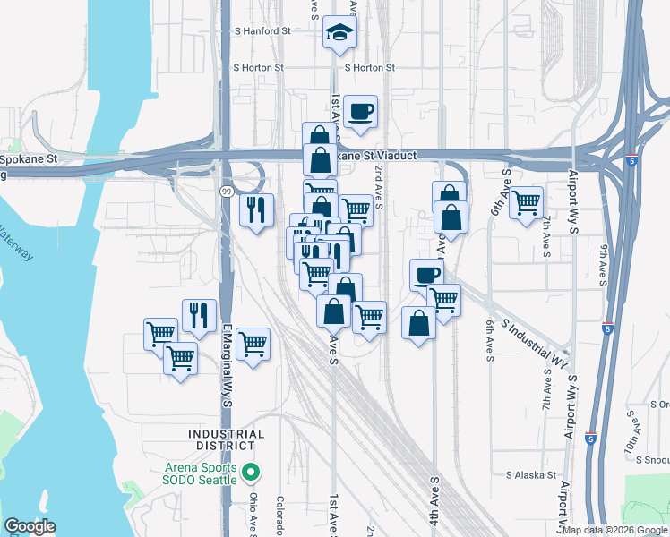 map of restaurants, bars, coffee shops, grocery stores, and more near 4000 1st Avenue South in Seattle