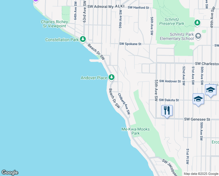 map of restaurants, bars, coffee shops, grocery stores, and more near 4021 59th Avenue Southwest in Seattle
