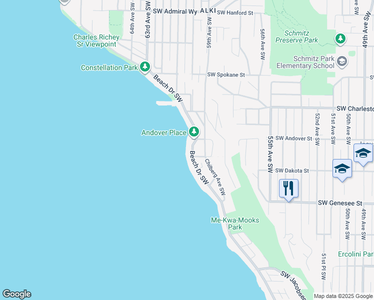 map of restaurants, bars, coffee shops, grocery stores, and more near 4021 Beach Drive Southwest in Seattle