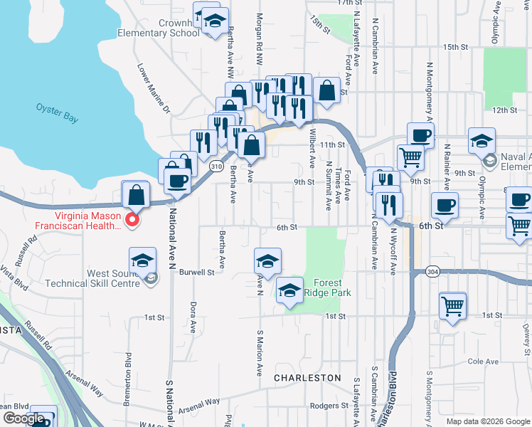 map of restaurants, bars, coffee shops, grocery stores, and more near 620 Adele Avenue in Bremerton