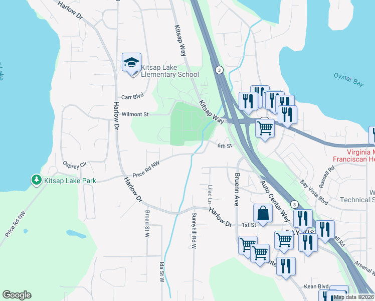 map of restaurants, bars, coffee shops, grocery stores, and more near 928 Price Road Northwest in Bremerton