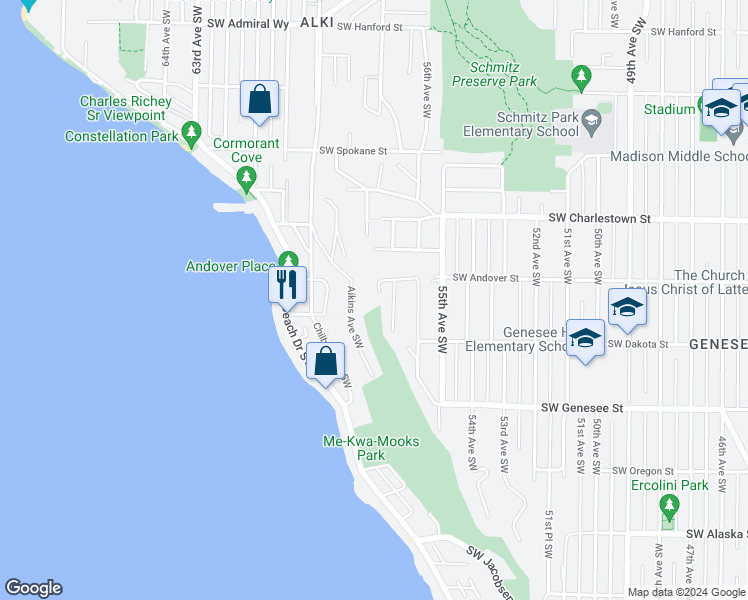 map of restaurants, bars, coffee shops, grocery stores, and more near 4017 Hillcrest Avenue Southwest in Seattle