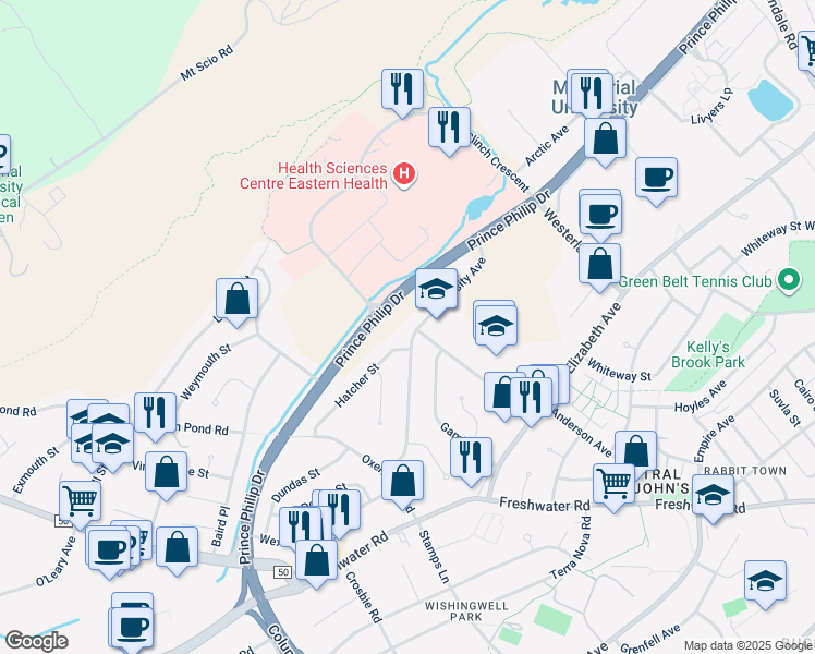 map of restaurants, bars, coffee shops, grocery stores, and more near 150 University Avenue in St. John's