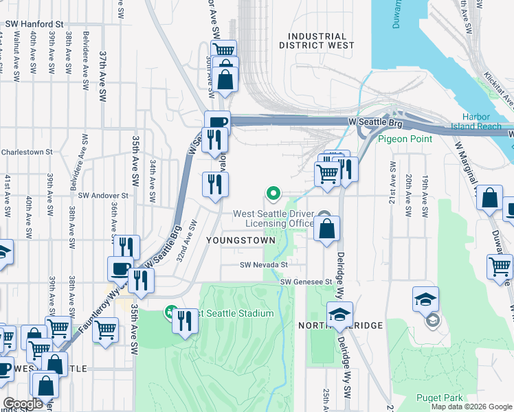 map of restaurants, bars, coffee shops, grocery stores, and more near 2806 Southwest Yancy Street in Seattle