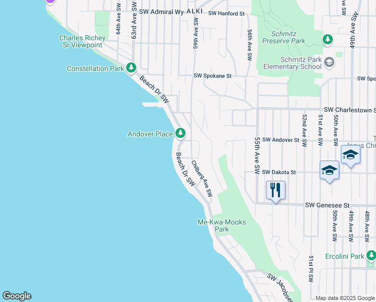 map of restaurants, bars, coffee shops, grocery stores, and more near 4021 59th Avenue Southwest in Seattle