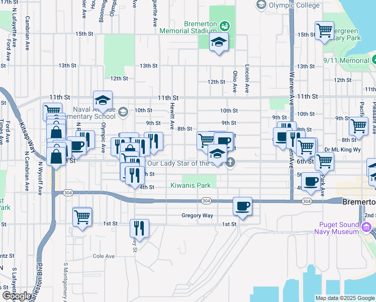 map of restaurants, bars, coffee shops, grocery stores, and more near 616 Pennsylvania Avenue in Bremerton