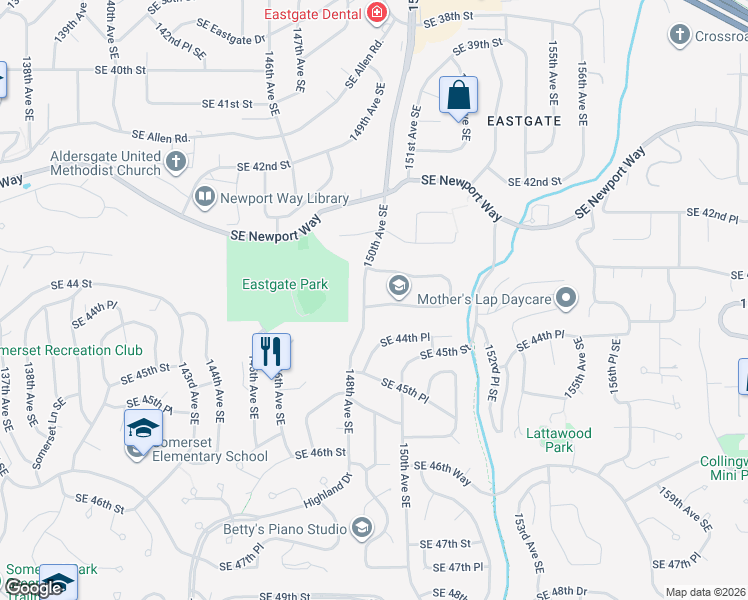 map of restaurants, bars, coffee shops, grocery stores, and more near 4376 150th Avenue Southeast in Bellevue