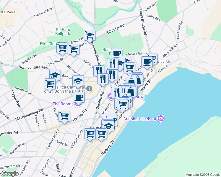 map of restaurants, bars, coffee shops, grocery stores, and more near 57 Prescott Street in St. John's
