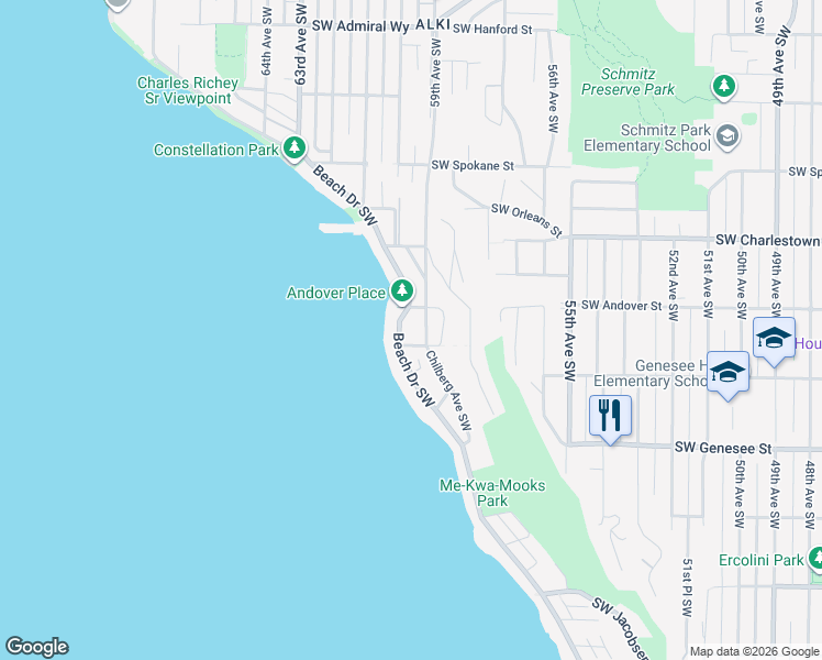 map of restaurants, bars, coffee shops, grocery stores, and more near 4021 59th Avenue Southwest in Seattle