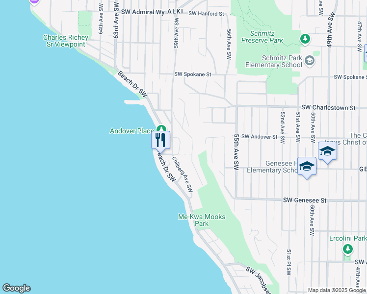 map of restaurants, bars, coffee shops, grocery stores, and more near 4022 58th Place Southwest in Seattle