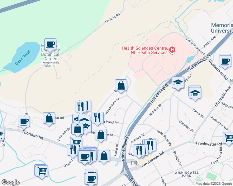 map of restaurants, bars, coffee shops, grocery stores, and more near 84 Larkhall Street in St. John's