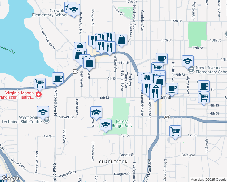 map of restaurants, bars, coffee shops, grocery stores, and more near 613 Wilbert Avenue in Bremerton