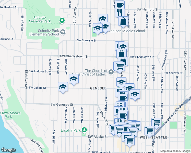 map of restaurants, bars, coffee shops, grocery stores, and more near 4013 46th Avenue Southwest in Seattle
