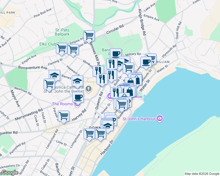 map of restaurants, bars, coffee shops, grocery stores, and more near 59 Prescott Street in St. John's