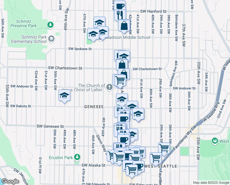 map of restaurants, bars, coffee shops, grocery stores, and more near 4010 44th Avenue Southwest in Seattle