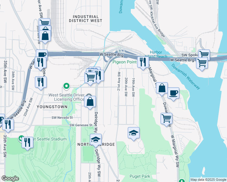 map of restaurants, bars, coffee shops, grocery stores, and more near 4010 22nd Avenue Southwest in Seattle