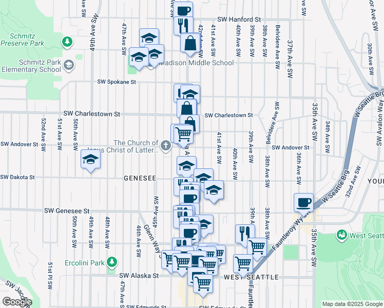 map of restaurants, bars, coffee shops, grocery stores, and more near 4012 California Avenue Southwest in Seattle