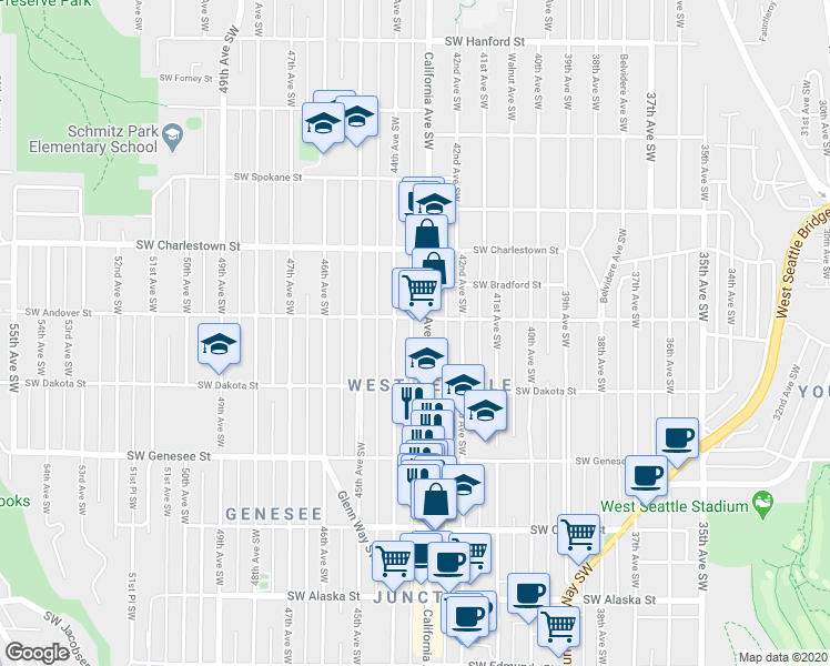 map of restaurants, bars, coffee shops, grocery stores, and more near 4010 44th Avenue Southwest in Seattle