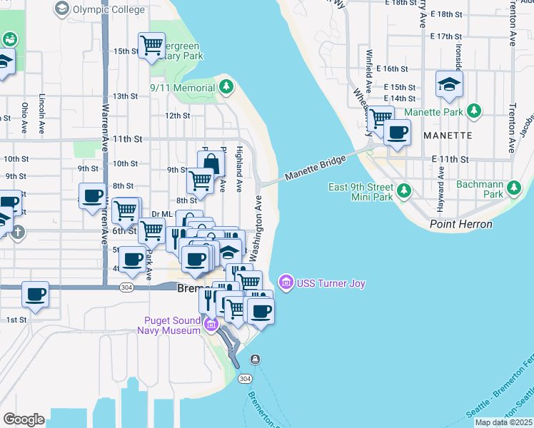 map of restaurants, bars, coffee shops, grocery stores, and more near in Bremerton