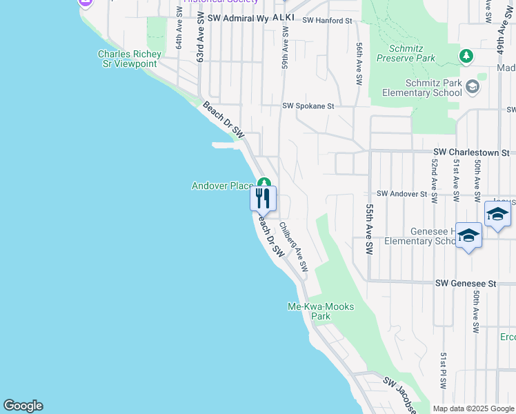map of restaurants, bars, coffee shops, grocery stores, and more near 4021 Beach Drive Southwest in Seattle