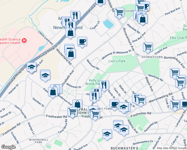 map of restaurants, bars, coffee shops, grocery stores, and more near 69 Whiteway Street in St. John's