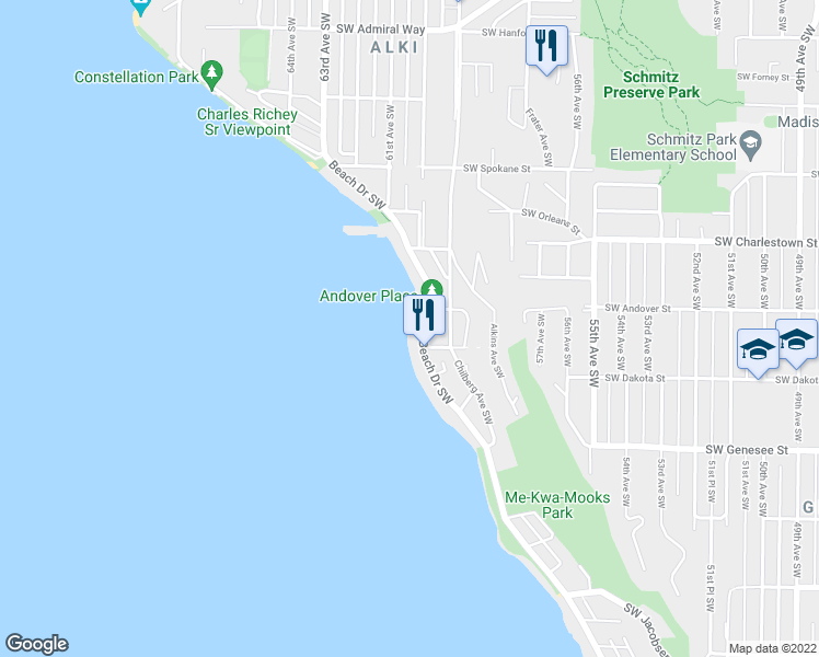map of restaurants, bars, coffee shops, grocery stores, and more near 4021 Beach Drive Southwest in Seattle