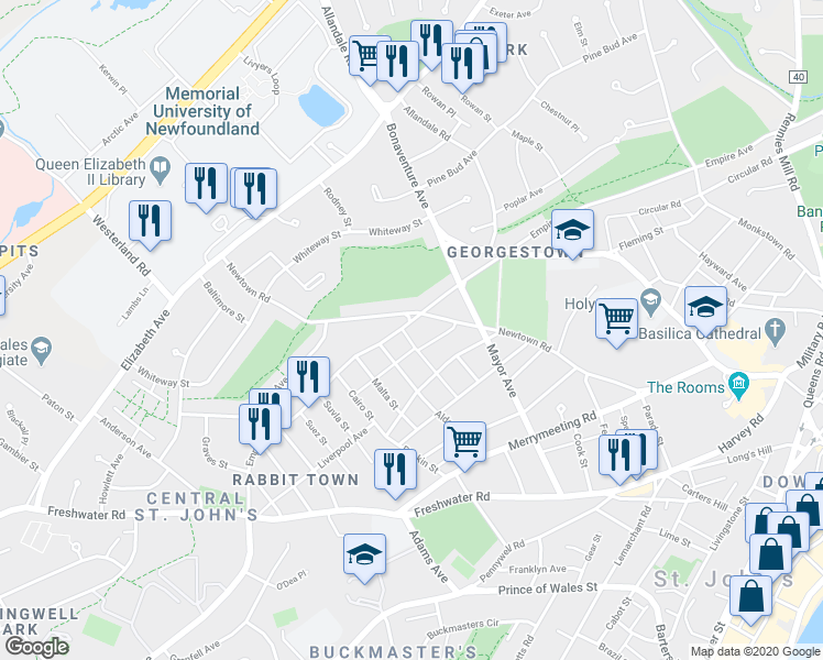 map of restaurants, bars, coffee shops, grocery stores, and more near 78 Edinburgh Street in St. John's