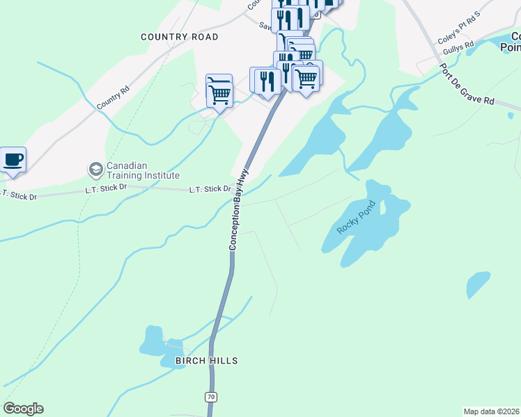 map of restaurants, bars, coffee shops, grocery stores, and more near 14 Farm Road in Coley's Point South
