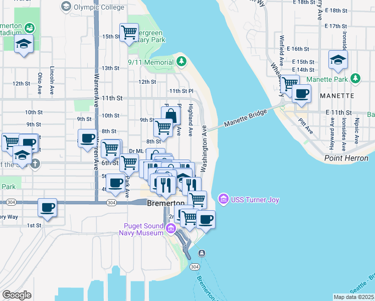 map of restaurants, bars, coffee shops, grocery stores, and more near 621 Highland Avenue in Bremerton