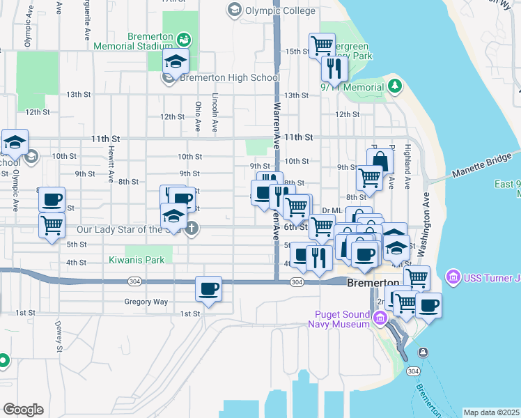 map of restaurants, bars, coffee shops, grocery stores, and more near 620 Broadway Avenue in Bremerton