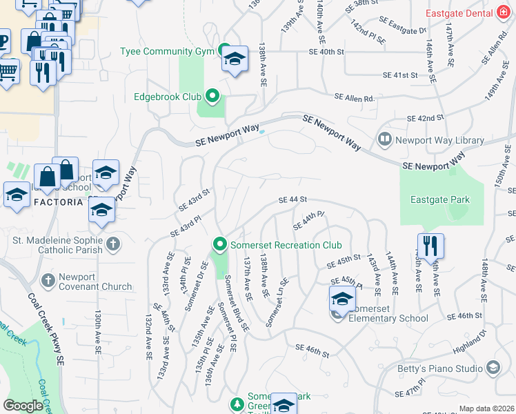 map of restaurants, bars, coffee shops, grocery stores, and more near 13800 Southeast 44 Street in Bellevue