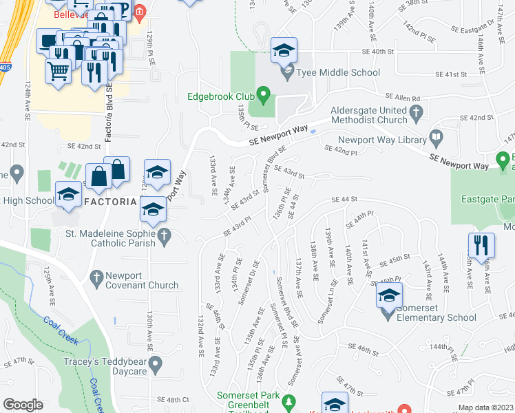 map of restaurants, bars, coffee shops, grocery stores, and more near 13420 Southeast 43 Place in Bellevue