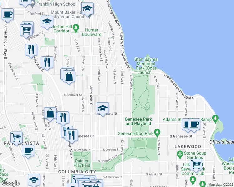 map of restaurants, bars, coffee shops, grocery stores, and more near 3856 41st Avenue South in Seattle