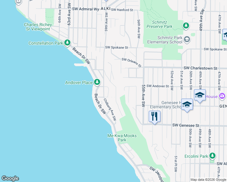 map of restaurants, bars, coffee shops, grocery stores, and more near 4022 58th Place Southwest in Seattle