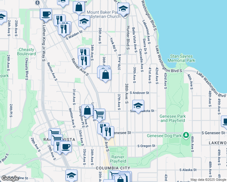 map of restaurants, bars, coffee shops, grocery stores, and more near 3652 South Andover Street in Seattle