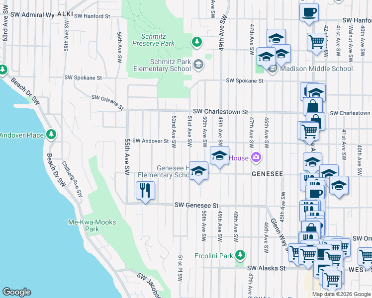 map of restaurants, bars, coffee shops, grocery stores, and more near 4011 51st Avenue Southwest in Seattle