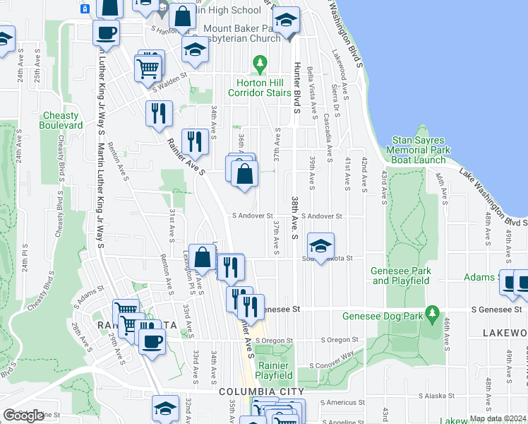 map of restaurants, bars, coffee shops, grocery stores, and more near 3652 South Andover Street in Seattle
