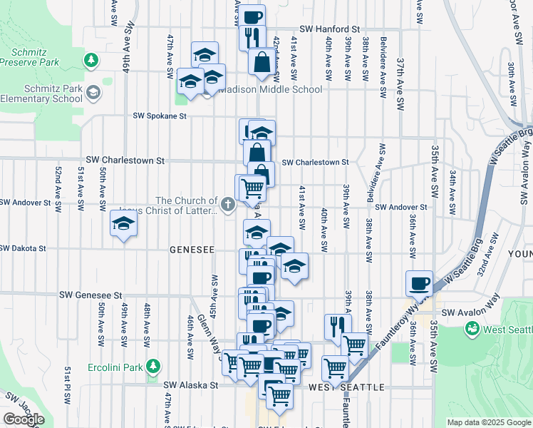 map of restaurants, bars, coffee shops, grocery stores, and more near 4012 California Avenue Southwest in Seattle