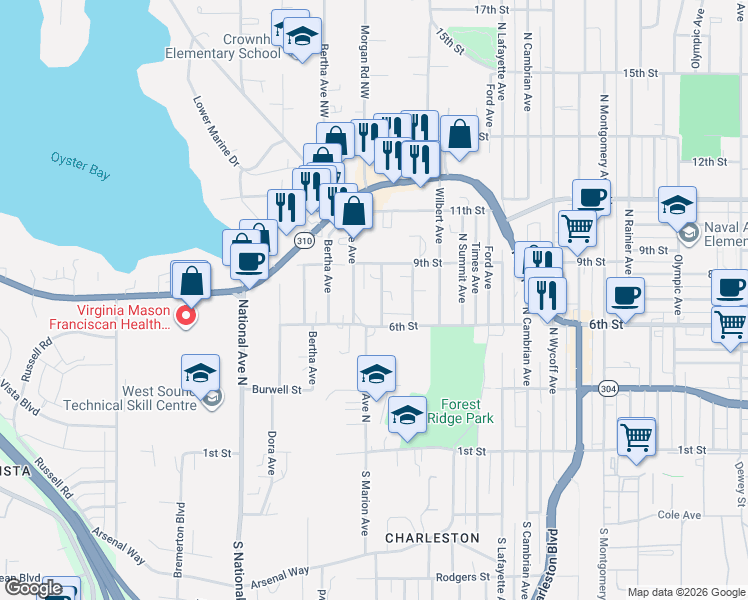 map of restaurants, bars, coffee shops, grocery stores, and more near 620 Adele Avenue in Bremerton