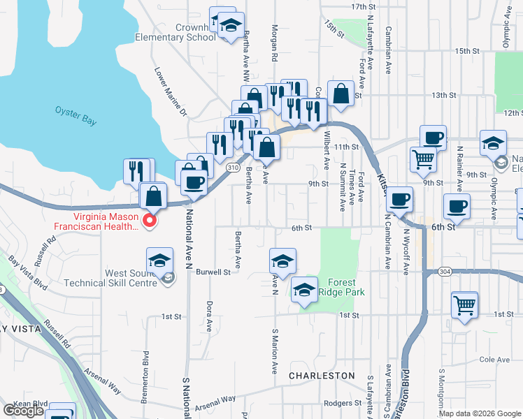 map of restaurants, bars, coffee shops, grocery stores, and more near 620 Bertha Avenue in Bremerton