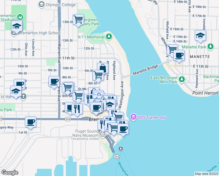 map of restaurants, bars, coffee shops, grocery stores, and more near 621 Highland Avenue in Bremerton