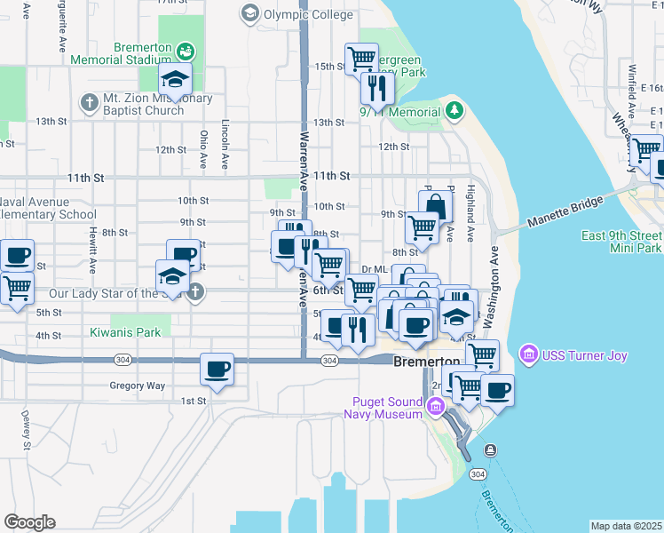 map of restaurants, bars, coffee shops, grocery stores, and more near 817 Drive Martin Luther King Way in Bremerton