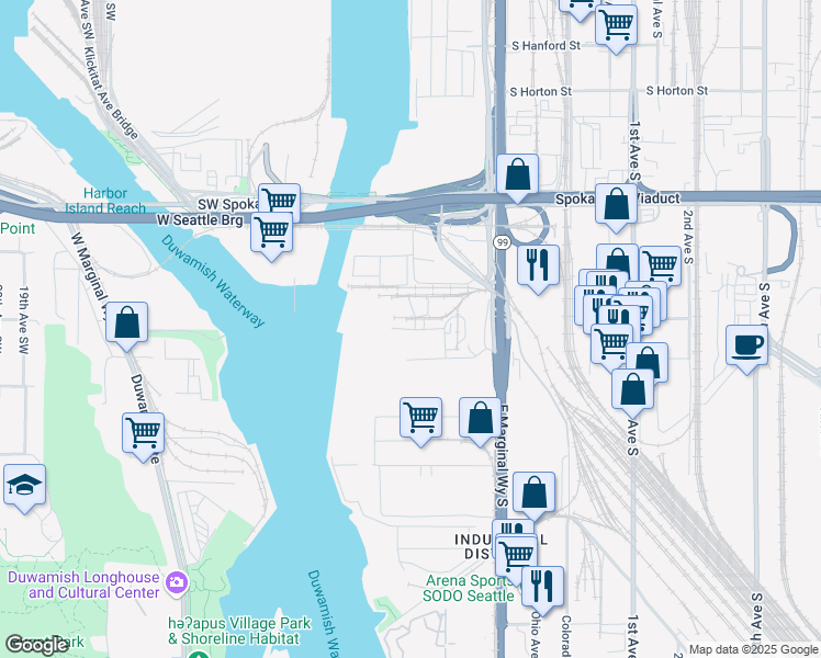 map of restaurants, bars, coffee shops, grocery stores, and more near 3801 East Marginal Way South in Seattle