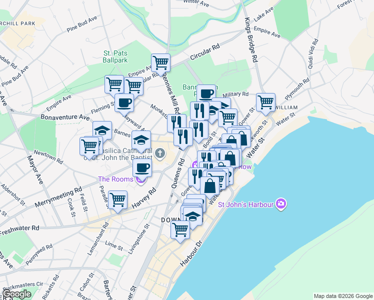 map of restaurants, bars, coffee shops, grocery stores, and more near 36 Queens Road in St. John's