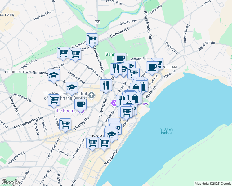 map of restaurants, bars, coffee shops, grocery stores, and more near 64 Prescott Street in St. John's