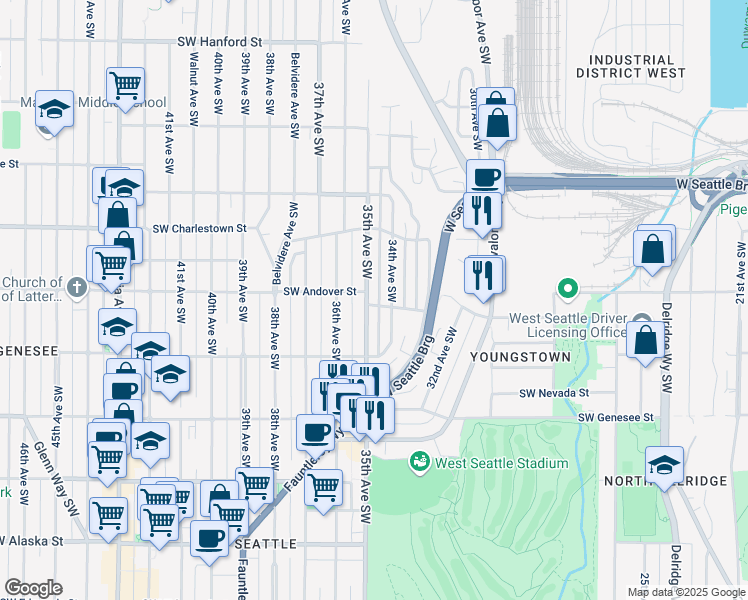 map of restaurants, bars, coffee shops, grocery stores, and more near 3878 35th Avenue Southwest in Seattle