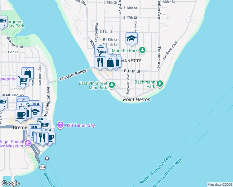 map of restaurants, bars, coffee shops, grocery stores, and more near 315 Shore Drive in Bremerton