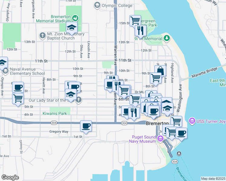 map of restaurants, bars, coffee shops, grocery stores, and more near 620 Broadway Avenue in Bremerton