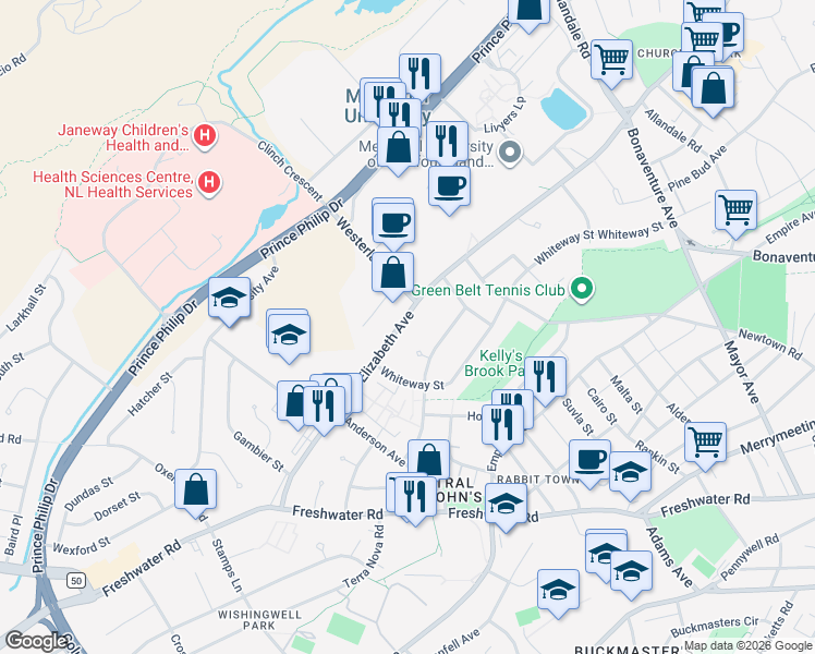 map of restaurants, bars, coffee shops, grocery stores, and more near 285 Elizabeth Avenue in St. John's